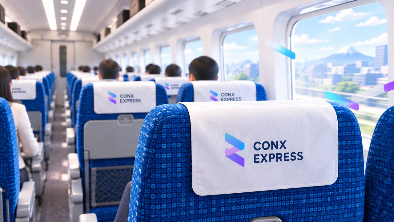 CONX EXPRESSのロゴ入りヘッドレストカバーが並ぶ座席
