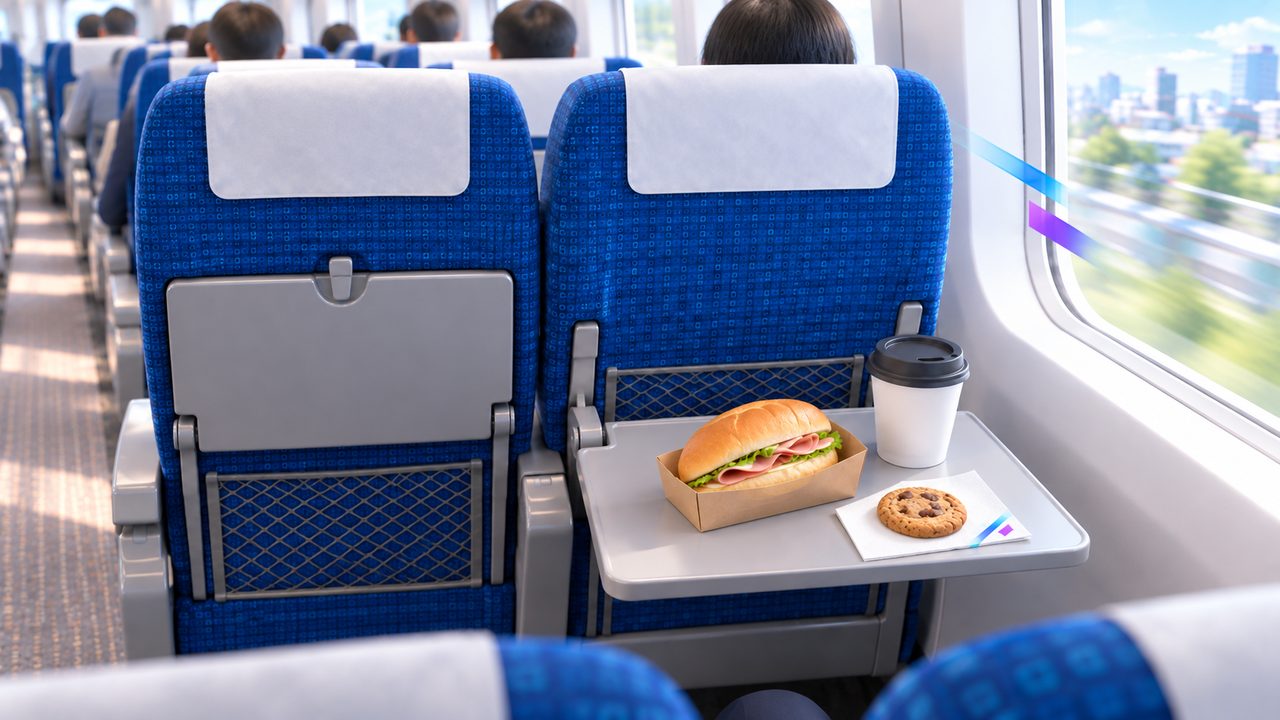 座席のテーブルに置かれた軽食とコーヒー