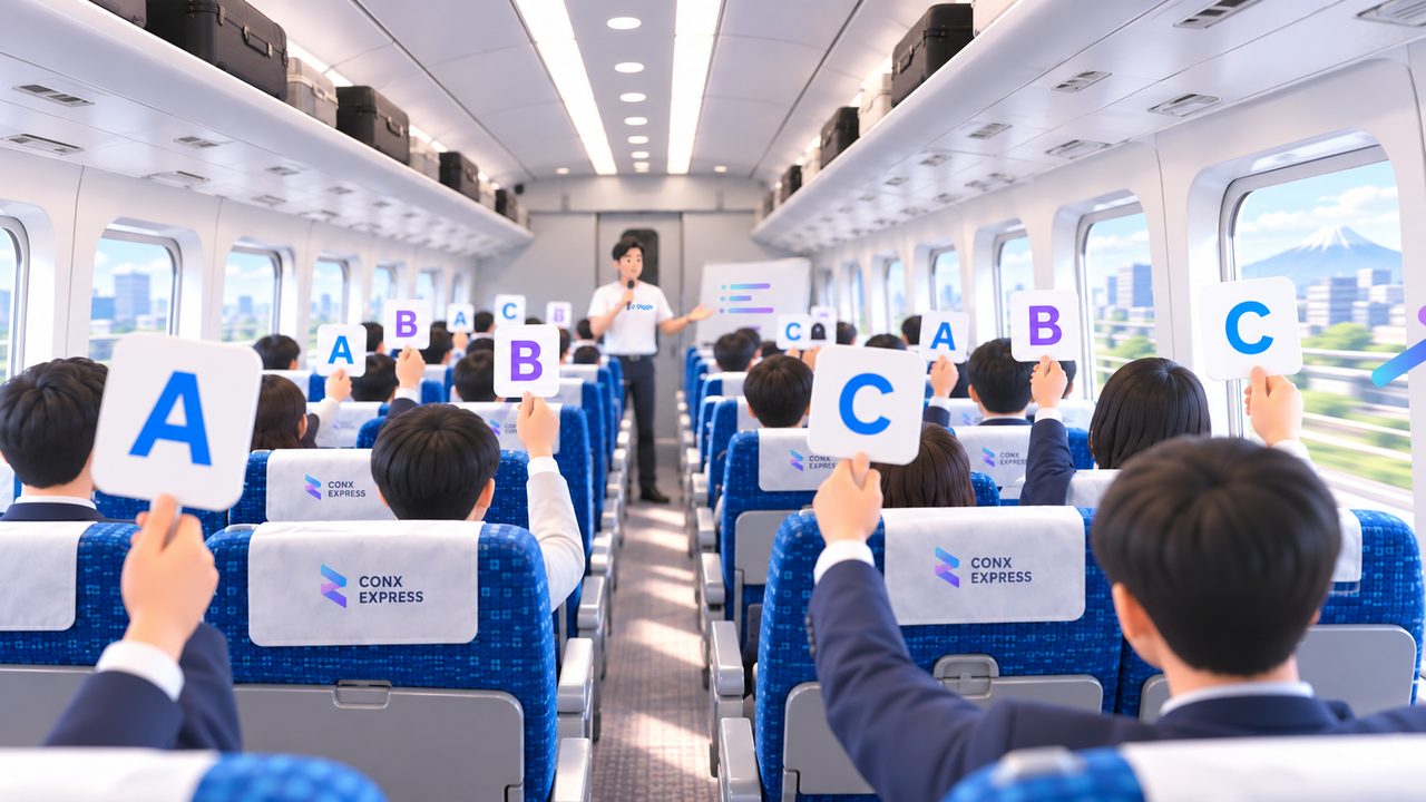 参加者がA・B・Cのカードを挙げて答える様子