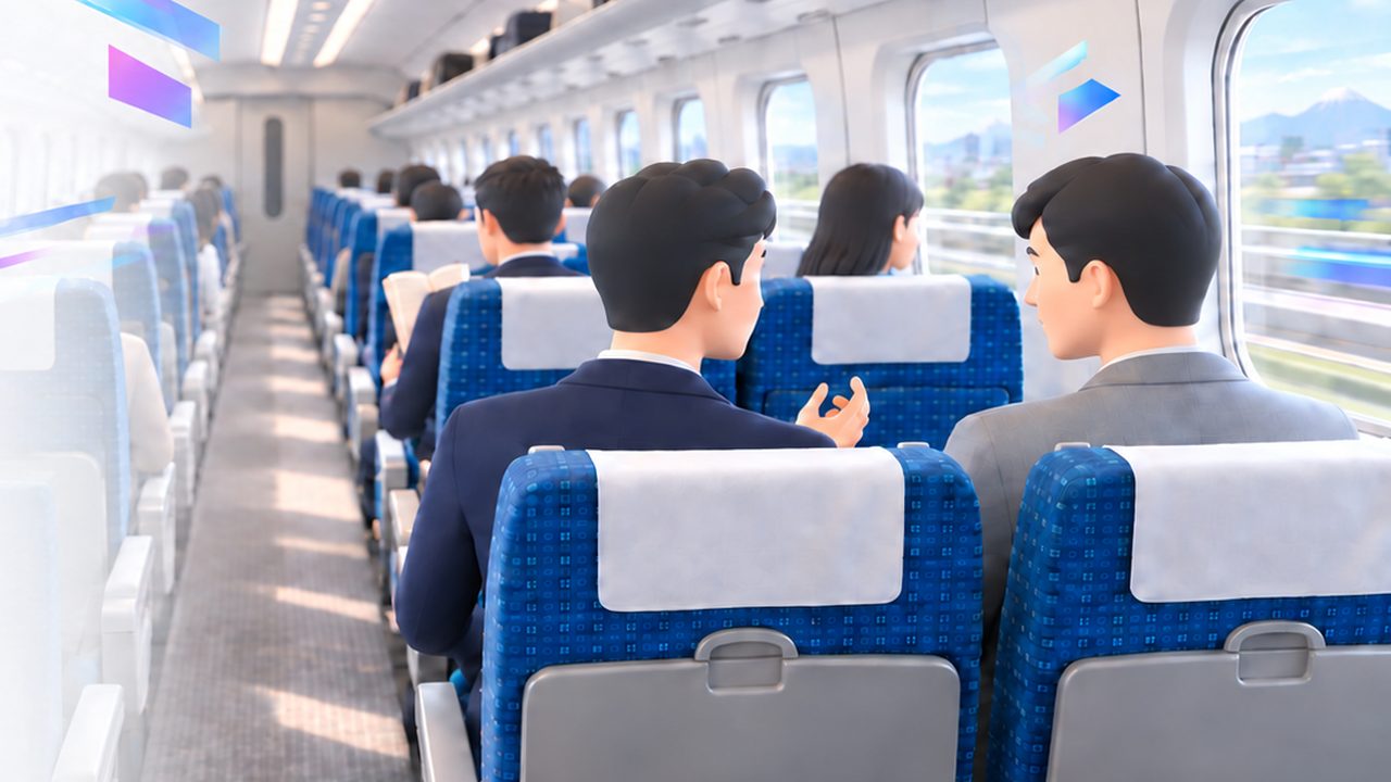 隣の席の参加者と話しながら東京へ向かう車内