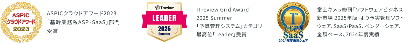 ASPICクラウドアワード2023「基幹業務系ASP･SaaS」部門受賞 / ITreview Grid Award 2024 Winter「経営・予実・予算管理」カテゴリ最高位「Leader」受賞 / 富士キメラ総研「ソフトウェアビジネス新市場 2025年版」より予実管理ソフトウェア、SaaS/PaaS、ベンダーシェア、金額ベース、2024年度実績